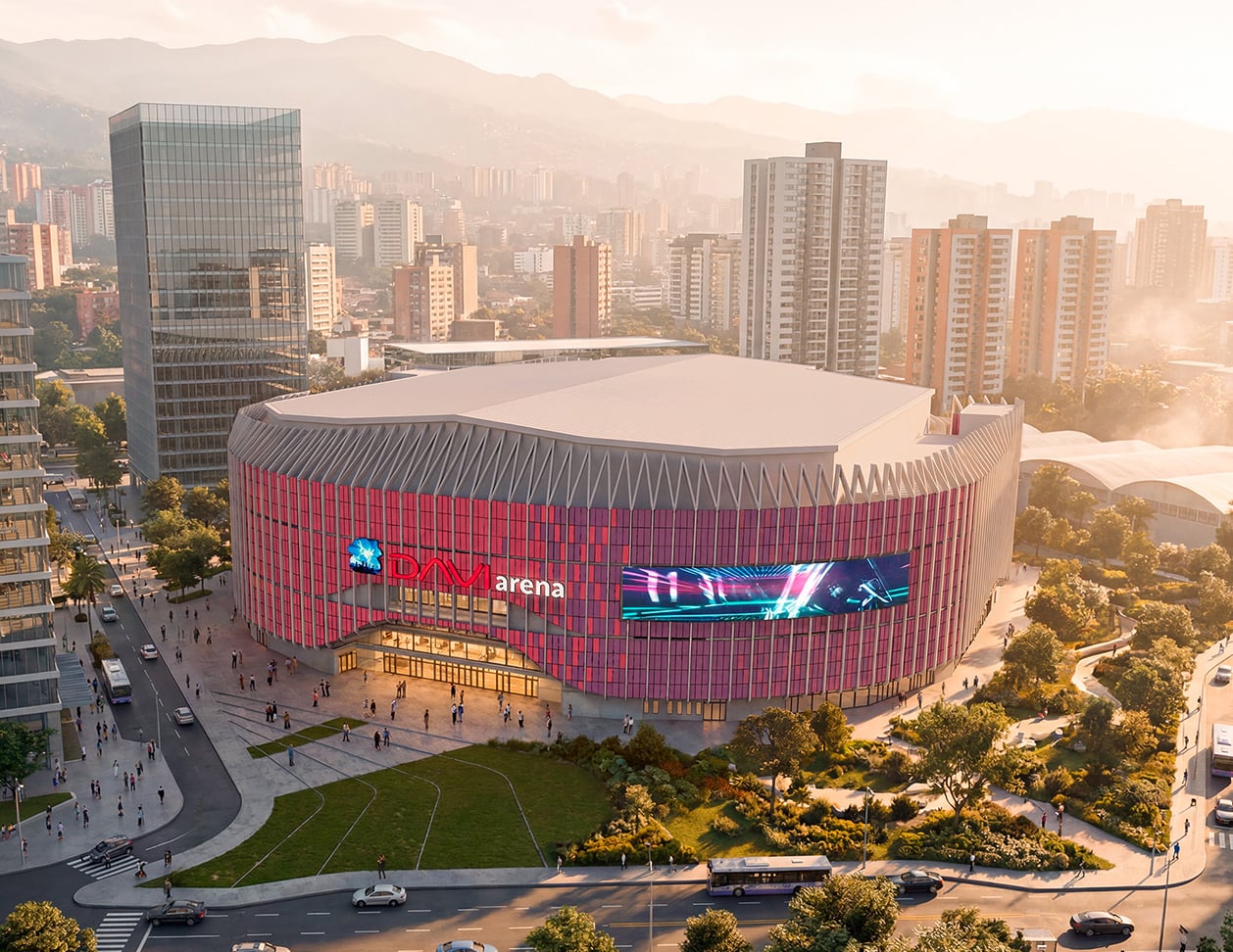 Render de la fachada de DAVIarena de noche, iluminada en rojo, con público llegando a la entrada