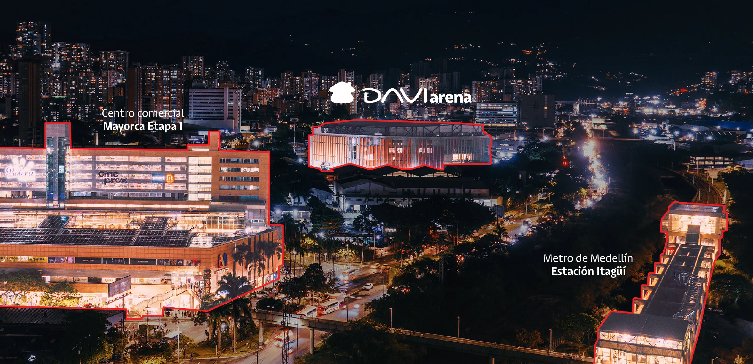 Vista aérea nocturna del sur del Valle de Aburrá: el Centro Comercial Mayorca Etapa 1, DAVIarena, la Avenida Regional y la Estación Itagüí del Metro de Medellín