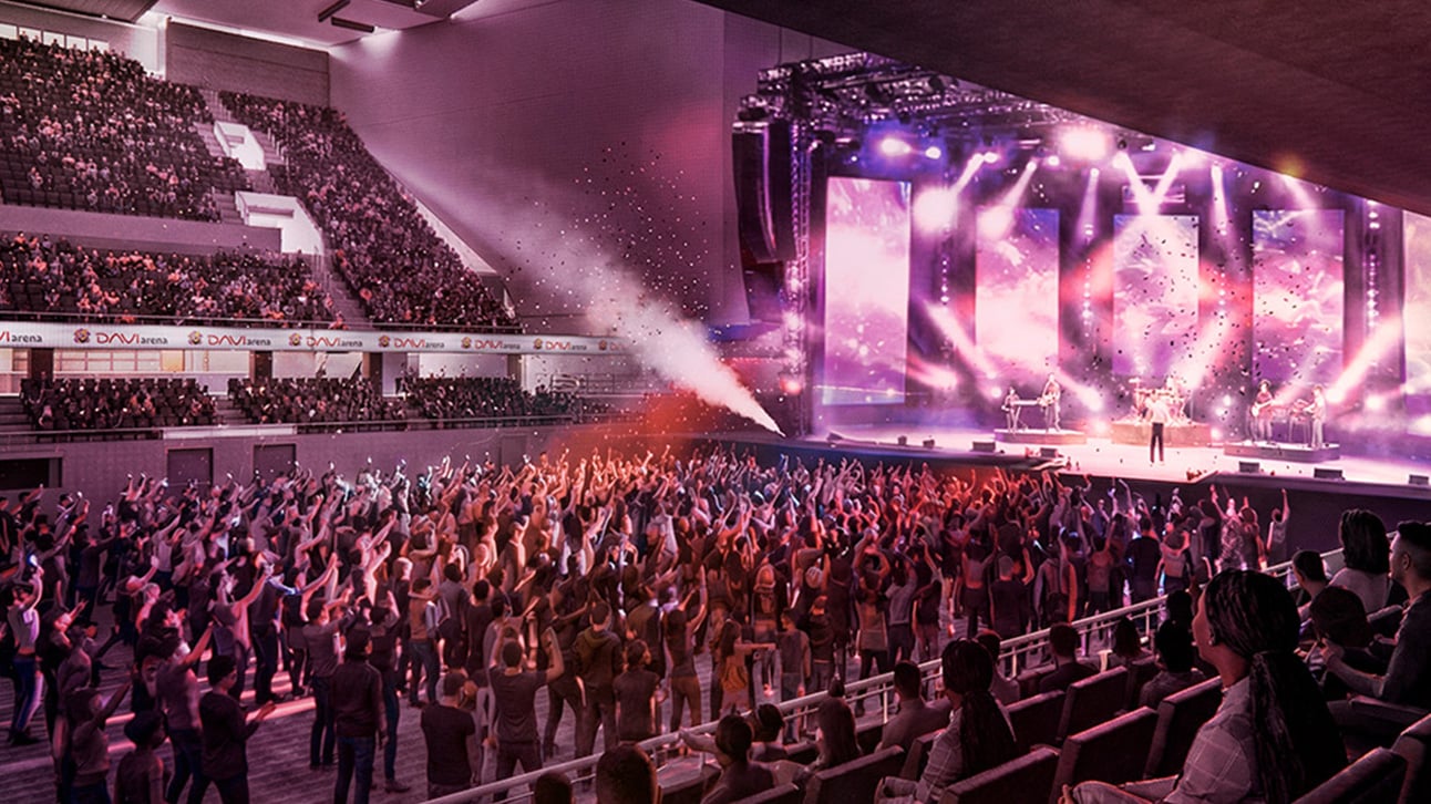 Render de DAVIarena con el aforo completo y la platea de pie durante un concierto