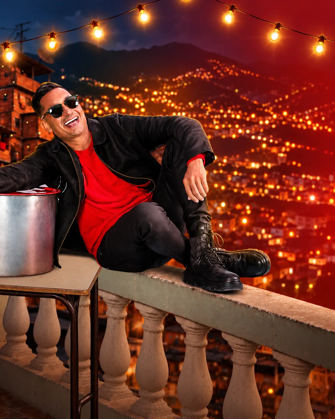 Hebert Vargas sentado en una terraza, con las luces navideñas y las montañas de Medellín de fondo.