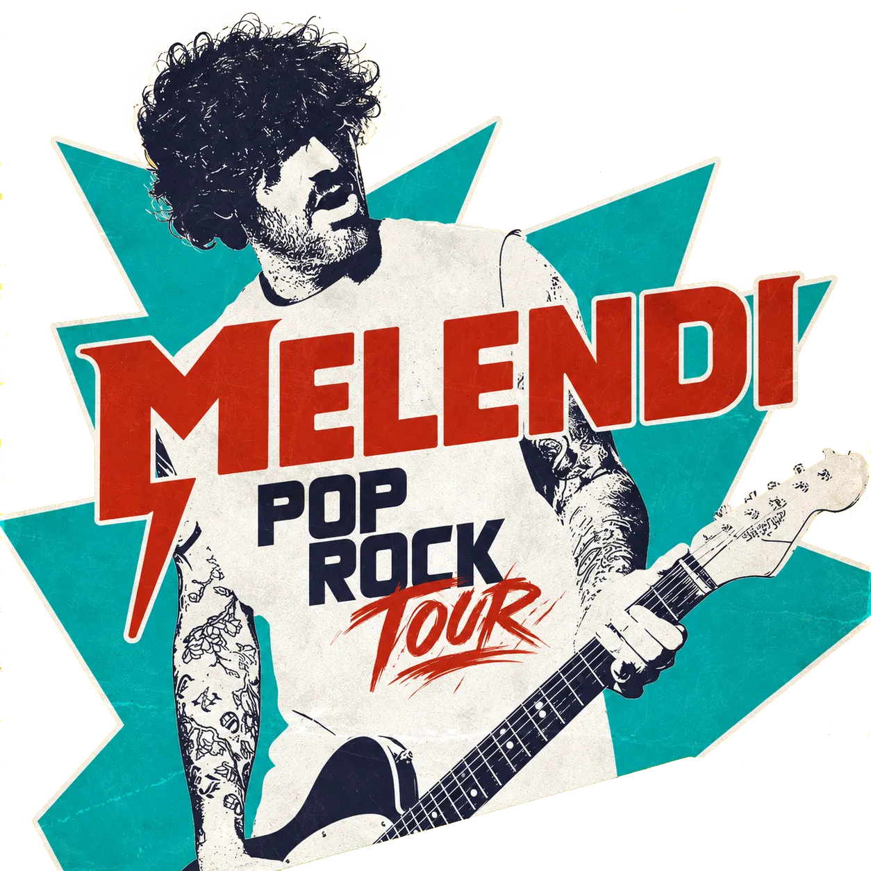 Melendi toca la guitarra frente a un estallido turquesa, con su nombre en letras rojas y el texto Pop Rock Tour.
