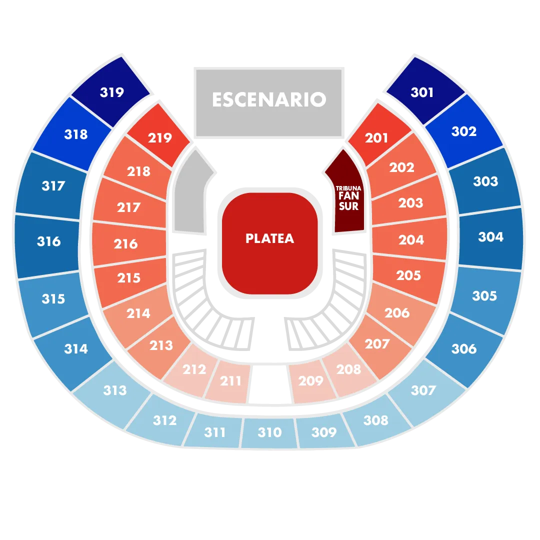 Plano del Movistar Arena: escenario arriba; Platea en el centro y Tribuna Fan Sur a su derecha; segundo piso en tonos rojos (sectores 201 a 219) y tercer piso en tonos azules (sectores 301 a 319).