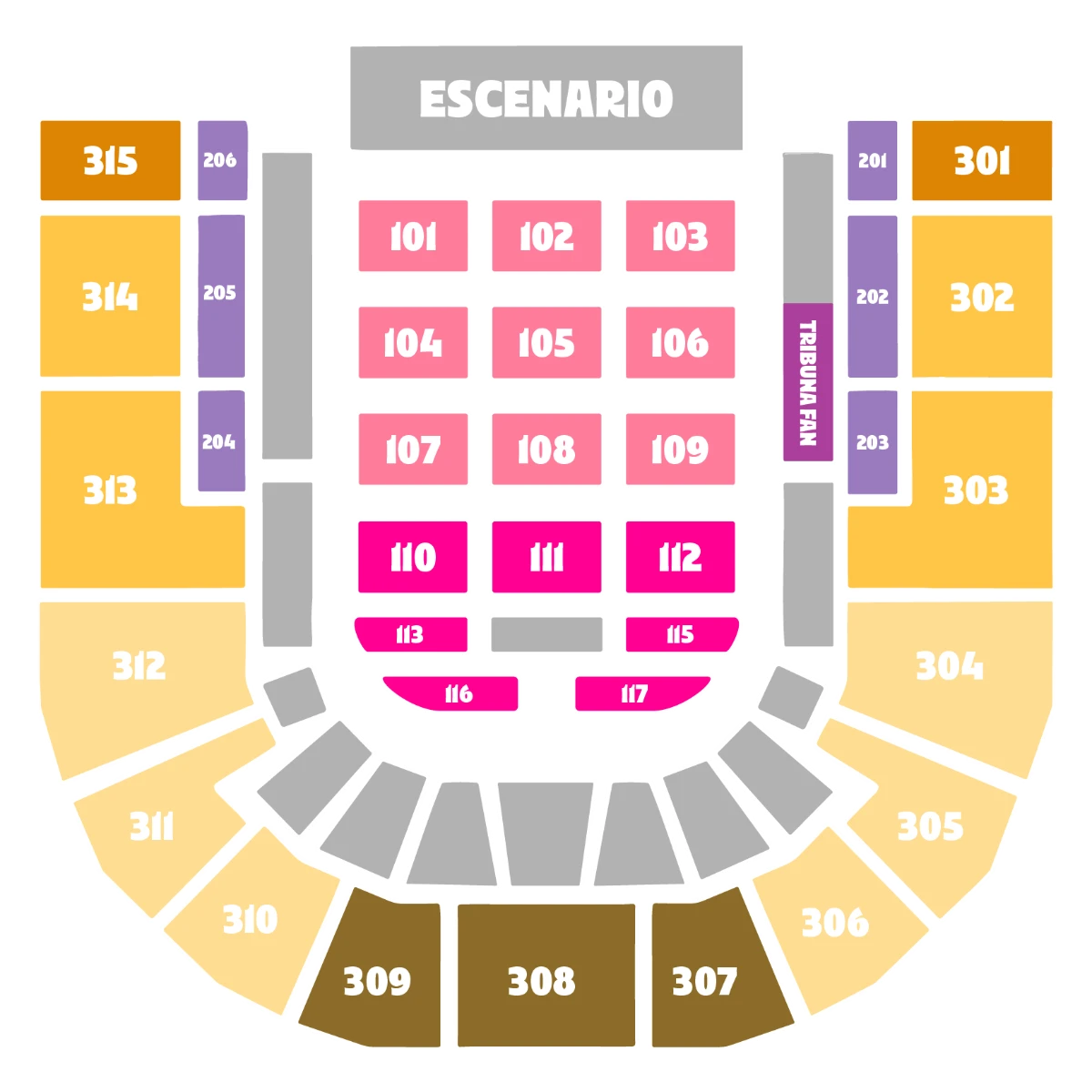 Plano del DAVIarena para Fonseca: escenario al norte; platea 101 a 117 al centro; Tribuna Fan a la derecha; Primavera Lounge (201 a 206) a los lados; piso 3 con los sectores 301 a 315 por color.