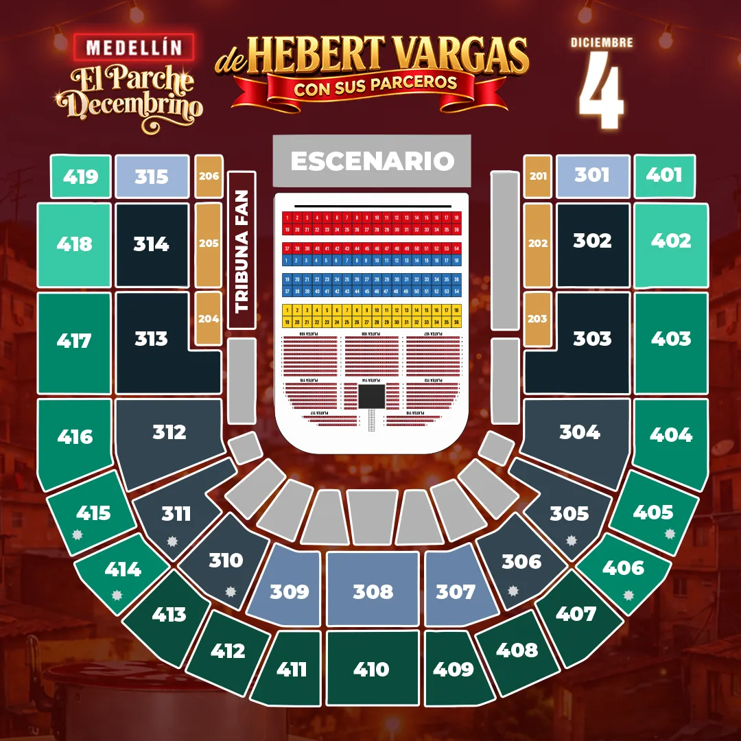 Mapa oficial del DAVIarena para Hebert Vargas: escenario al norte, platea numerada al centro, Tribuna Fan y Primavera Lounge a los costados, piso 3 con sectores 301 a 315 y piso 4 con sectores 401 a 419.