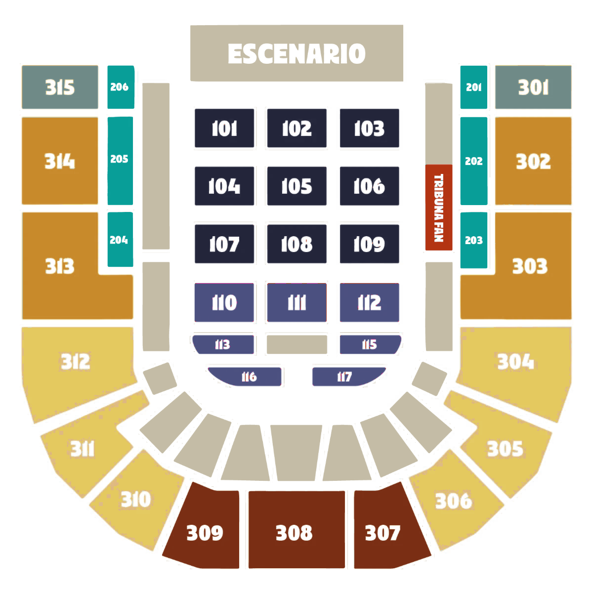 Plano del DAVIarena para Melendi: escenario al norte; platea 101 a 117 al centro; Tribuna Fan a la derecha; Primavera Lounge (201 a 206) a los lados; piso 3 con los sectores 301 a 315 por color.
