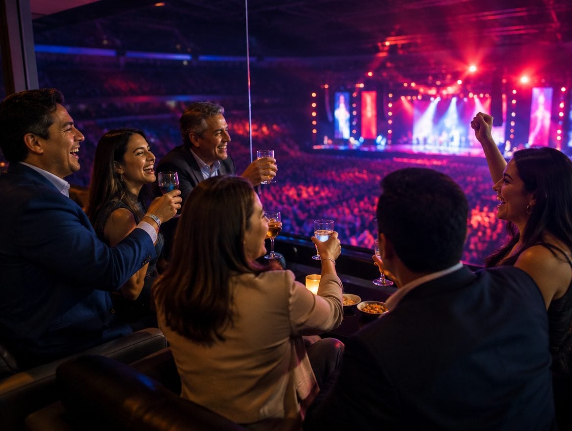 Grupo de compañeros de trabajo brindando en un palco VIP durante un concierto