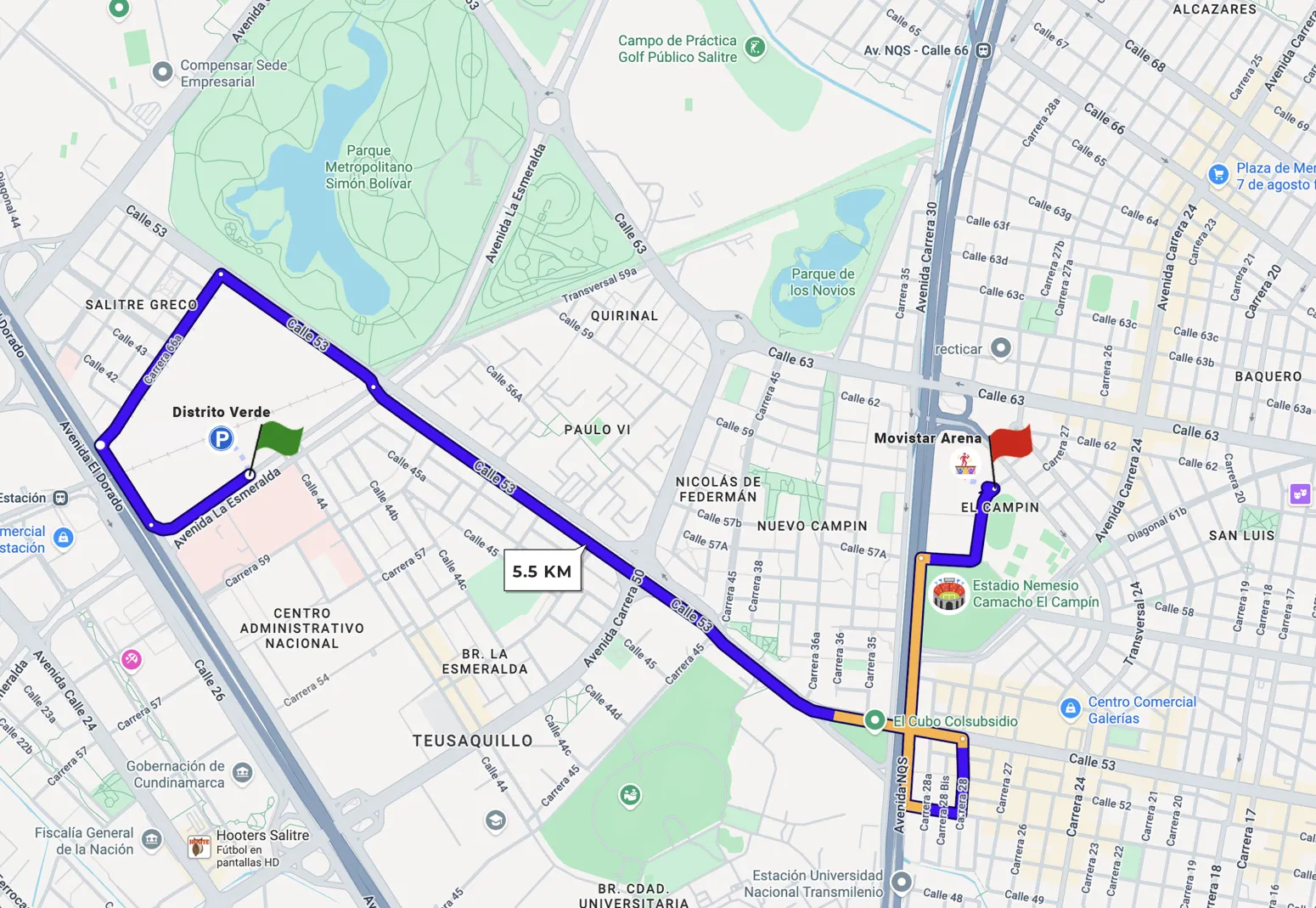 Mapa de la ruta de ida al Parqueadero Redparking