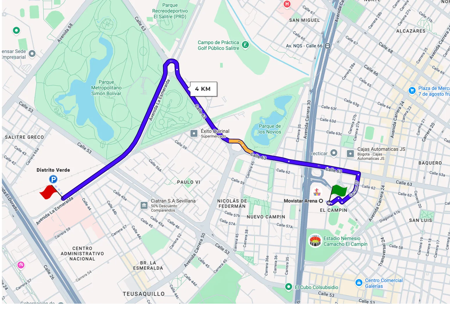 Mapa de la ruta de vuelta desde el Parqueadero Redparking